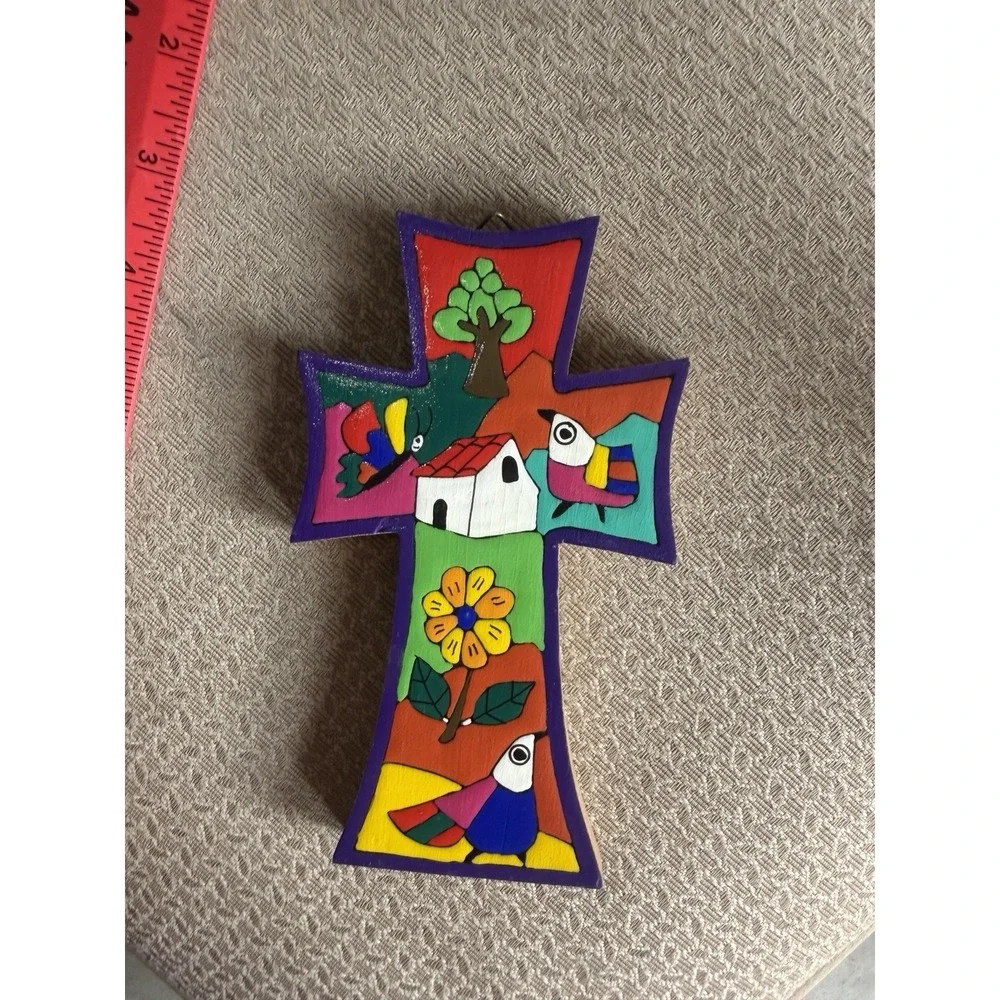 Vintage hand-painted colorful whimsical wood christian Cross. El Salvador
